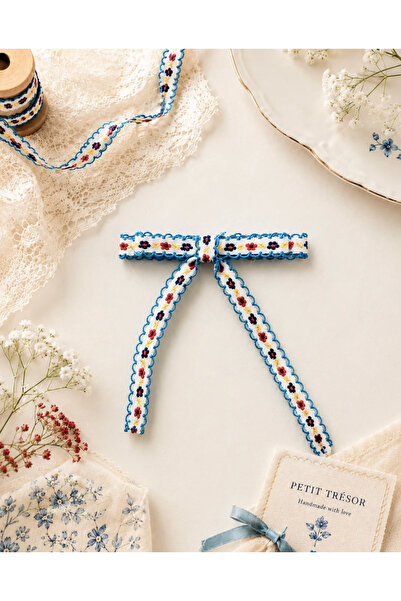 chipiques Blue Ribbon Embroidered Floral Clip-On Bow Buckle