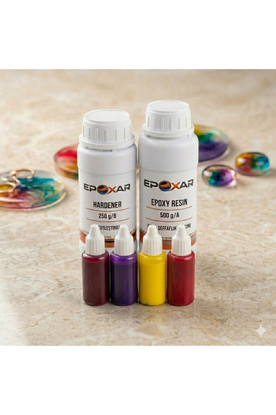 750g Şeffaf Epoksi Reçine Kit + 4'lü Renkli Pigment Boya Avantaj Paketi(menekşe,sarı,kırmızı,mor) 80 ml