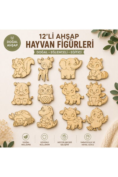 ÇAKRA 12'li Hayvan Figürlü Ahşap Boyama Seti - Eğitici Oyuncak - Çocuk Boyama...