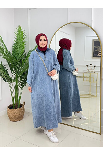 Genel Markalar Sada Kadın Kot Denim Fermuarlı Boydan Tesettür Elbise Büyük Beden