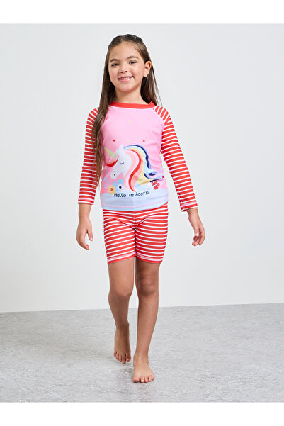 Styli Girls Striped Graphic Print T-Shirt and Swim Shorts Set