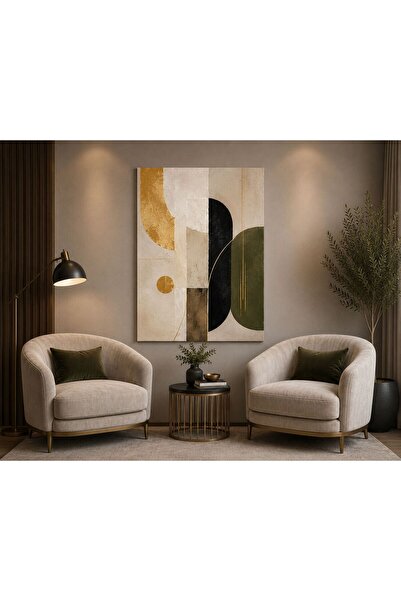 walliva Yeşil Gold Bej Soyut Geometrik Kanvas Tablo Modern Minimalist Duvar D...