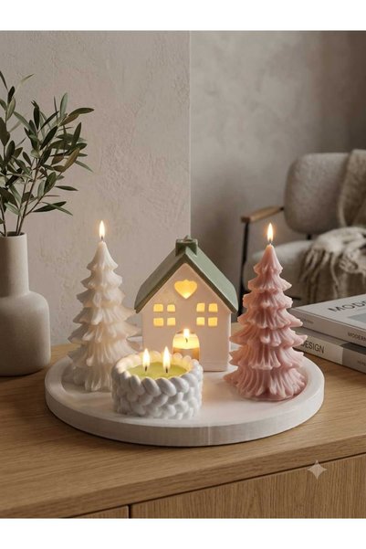 SCA CANDLE Dekoratif mum Çam Ağacı ve Tepsi ve Ev ve mumluk 5'li Set