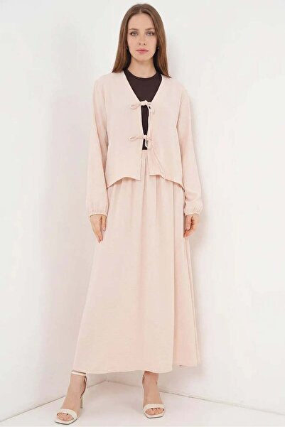 ALFA AKSESUAR 03 Women's V-Neck Gathered Waist Belted Cream Double Set