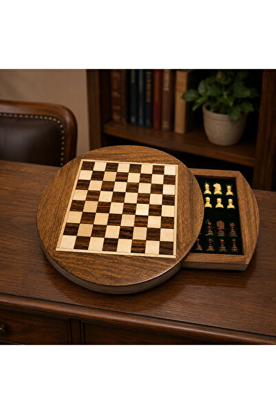 hediyeconcepti Wooden Round Chess Set – Decorative Chess Set with Drawer