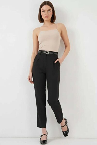 Generic Brand Women's High Waist Pleated Belted Black Trousers