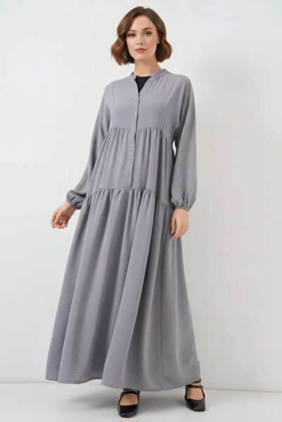 ALFA AKSESUAR 03 Women's Shirt Collar Gathered Waist Ruffled Buttoned Gray Hi...