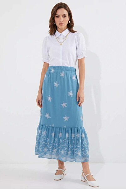 Generic Brand Women's Flounce Hem Floral Patterned Chiffon Indigo Skirt