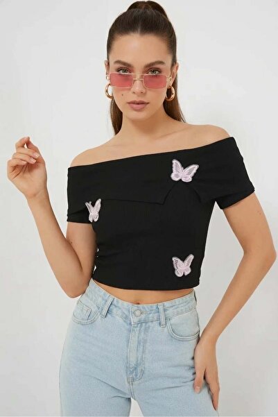 Generic Brand Women's Madonna Collar Butterfly Detailed Black Blouse