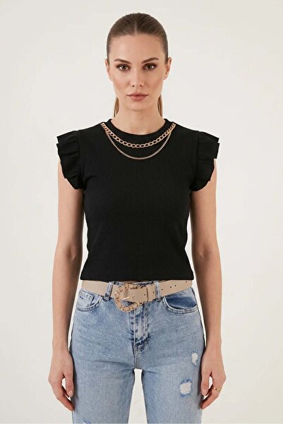 Generic Brand Women's Round Neck Ruffle Sleeve Black Blouse