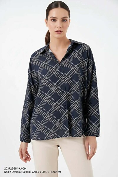 Generic Brand Women's Oversize Patterned Viscose Navy Blue Shirt