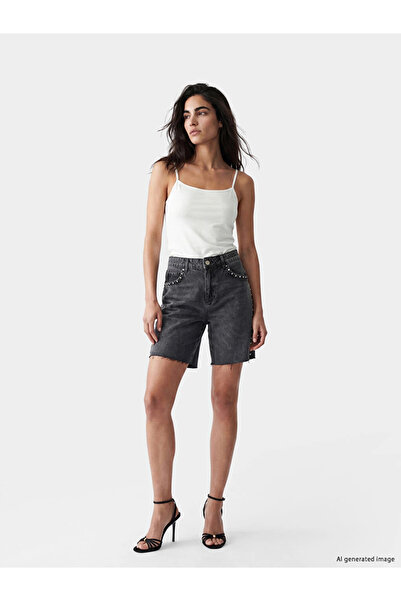 LC Waikiki Black High Waist Staple Detailed Women's Jean Shorts