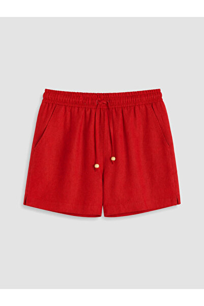 LC Waikiki Red Elastic Waist Women's 100% Linen Shorts