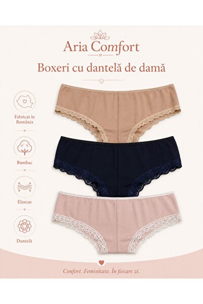 Aria Comfort Set 3 Boxeri Damă cu Dantelă – Bumbac, (Roz, Bej, Bleumarin), Fa...