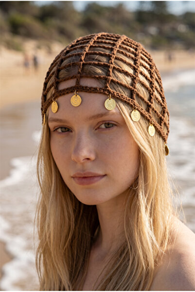 satürn hobi örgü tasarım Knitted Bohemian Tura Detailed Brown Mesh Bandana, H...