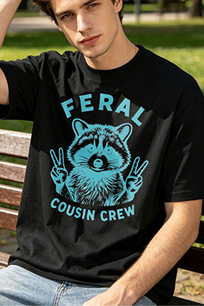 Fleck قمصان تي شيرت كاجوال للرجال من Feral Cousin Crew Raccoon Peace Sign Gra...