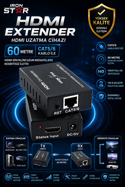 IRONSTAR HDMI Extender 60 metre / HDMI uzatma cihazı CAT6 / CAT5 CAT6 HDMI uz...
