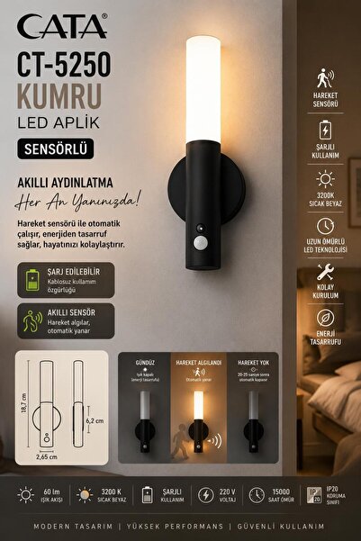 Cata CT-5250 SENSÖRLÜ ŞARJLI DUVAR APLİĞİ SİYAH