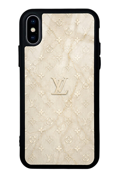 Spoyi iPhone X - Xs Krem Gold LV Tasarımlı Glossy Telefon Kılıfı