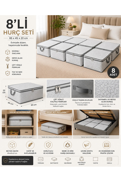 Çınar Ev Tekstil 8’li Hurç Seti 65x45x22 cm Baza Altı Düzenleyici Saklama Hurcu