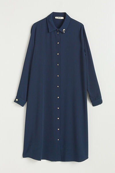Nihan Plus Size Brooched Shirt Collar Tunic - Navy Blue