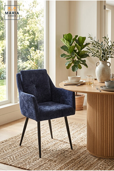 MARIA HOMES Modern Blue Upholstered Dining Chair with Armrests & Metal Legs f...