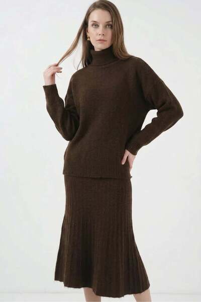 ALFA AKSESUAR 03 Women's Turtleneck Knitwear Brown Double Set