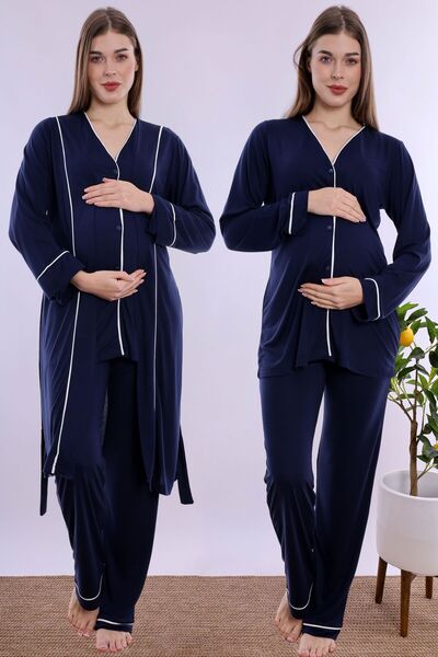 ByLohusa Soft Textured Cotton Maternity Pajama Set with Dressing Gown Effortt...