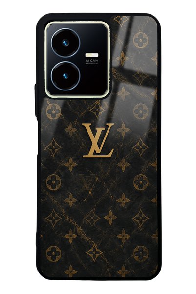 Spoyi غطاء هاتف لامع بتصميم Vivo Y22s باللون الأسود والرخام الذهبي LV