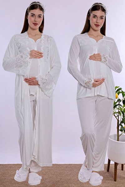 ByLohusa Cotton Long Robe Maternity Nursing Pajama Set Effortt - Ecru