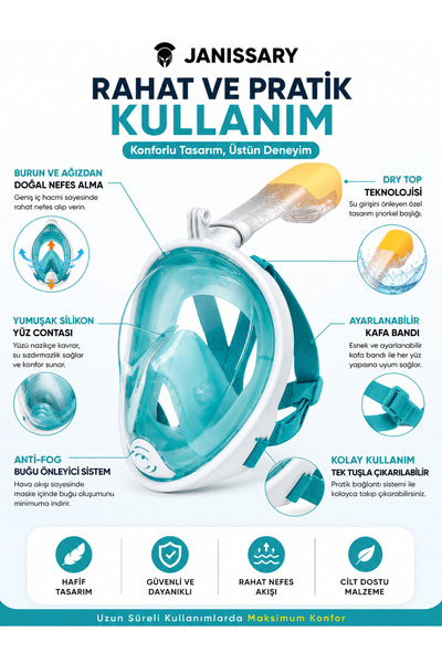 Janissary S / M Full Face Şnorkel Maske Siyah Tam Yüz Dalış Maskesi 180° Pano...