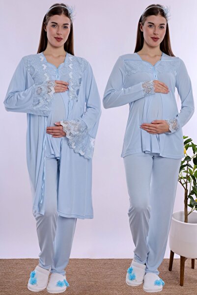 ByLohusa Maternity Pajama Set with Nursing Features and Robe Effortt - Blue
