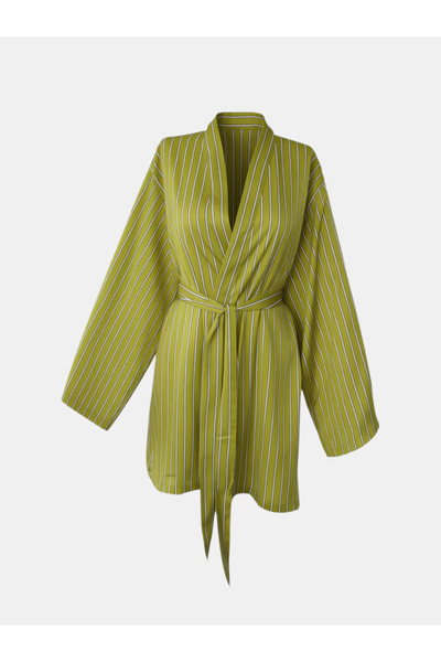 Magic BAlance Zeytin Yeşili Çizgili Keten Kadın Kimono | 888Balance