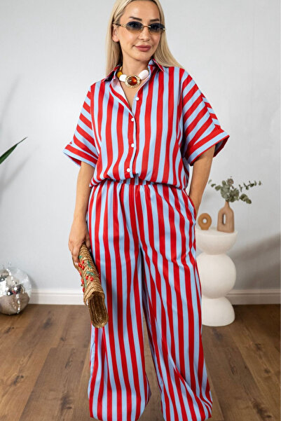 Muna Boutique Women's Red Blue Striped Shirt and Elastic Waist Pants Set – Co...