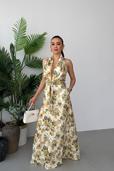 Serica Moda Yellow Patterned Tie-Waist Sleeveless Long Dress