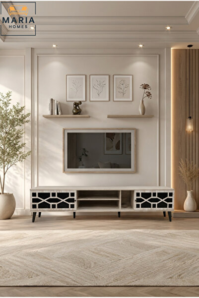 MARIA HOMES Modern TV Stand with Geometric Doors – Entertainment Unit with Op...