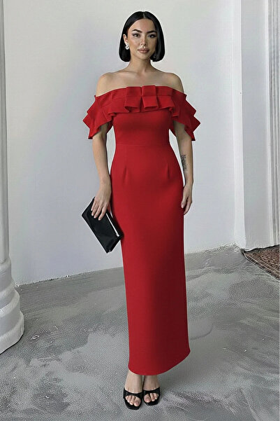 ALFUDO Moda Collection فستان سهرة طويل بكتف مكشوف وذيل طويل