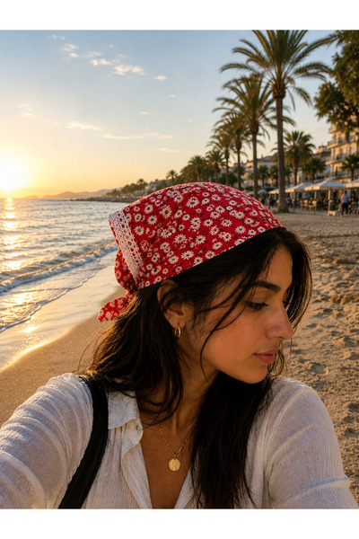 TULEK Red - Floral Patterned - Bohemian - Lace Detailed - Bandana - Buckle