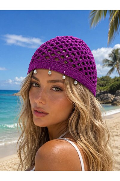 Kadın El Yapımı Örgü Boncuklu Bandana Yazlık File Şapka/Saç Aksesuarı