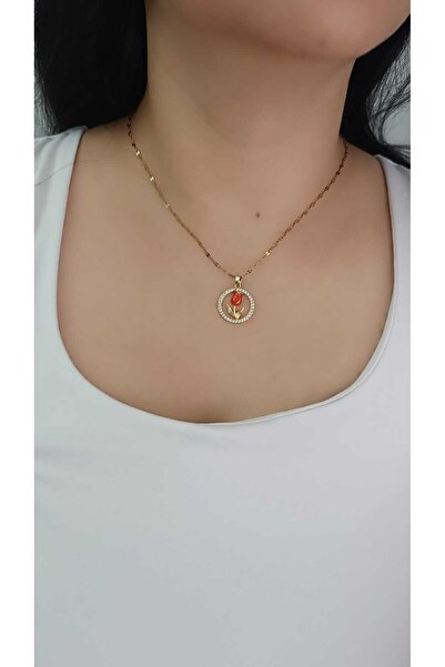 shop قلادة زهرة التوليب الحمراء من الفولاذ 316L مع حجر الزركون، لون ذهبي، هدي...