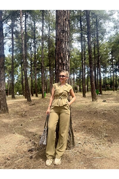 Gözde Tasarım Butik Women's Khaki Color Safari Style Pocketed Flam Linen Vest...
