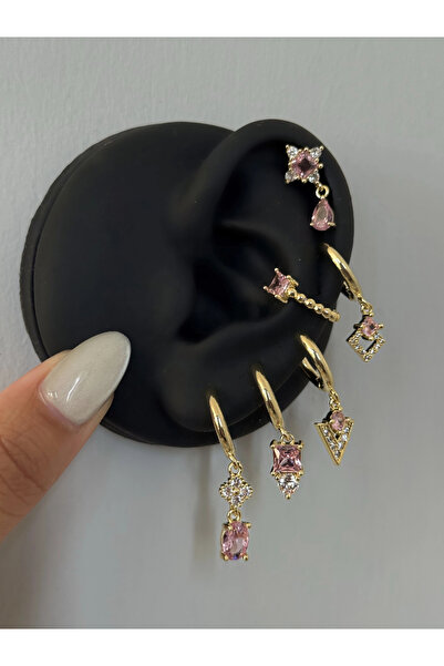 h&b design jewel Steel Pink Stone 6-Piece Earring Set