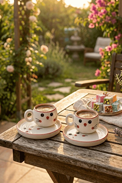 Mithra Life Set of 2 Ceramic Cat Patterned White Turkish Coffee Cups Mit1340