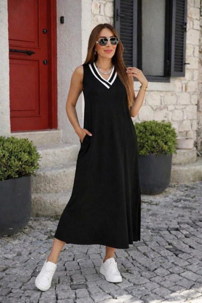 Viyamo New Season Women's Sleeveless V-Neck Long Viscose Two-Thread Dress wit...