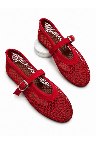 diclepolat Women's Red Mesh Mary Jane Ballerina Buckle Round Toe Summer Casua...