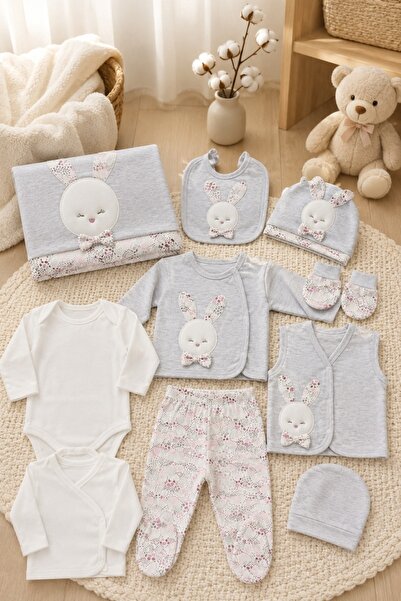 Pure Boutique Set nou nascut fetita 10 piese 100% bumbac, iepuras, paturica i...