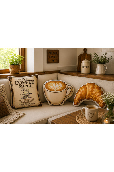 Piloji Coffee Club Coffee Themed Decorative Pillow Set of 3 - Latte Cup, Croi...