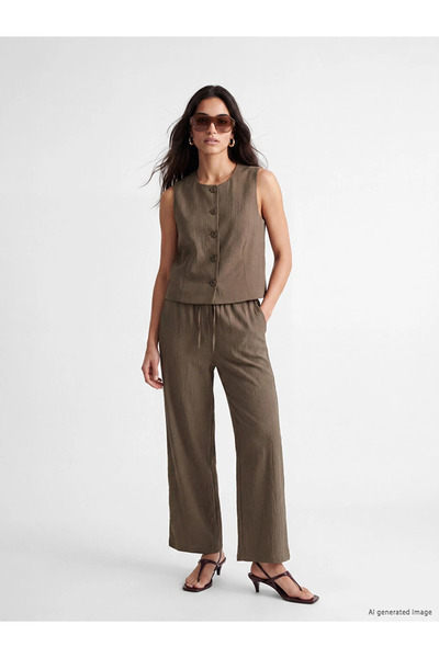 LC Waikiki Khaki Elastic Waist Textured Women's Trousers
