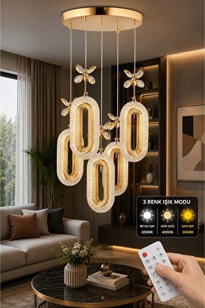 MAVERALİGHTİNG SERRA 5'Lİ AVİZE 3 RENK LED ISIKLI KUMANDALI SALON OTURMA ODAS...