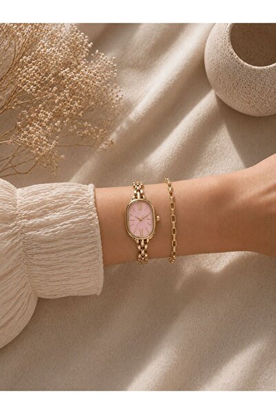 SARA SAAT Vintage oval altın toz pembe kadran yuping kadın kol saati